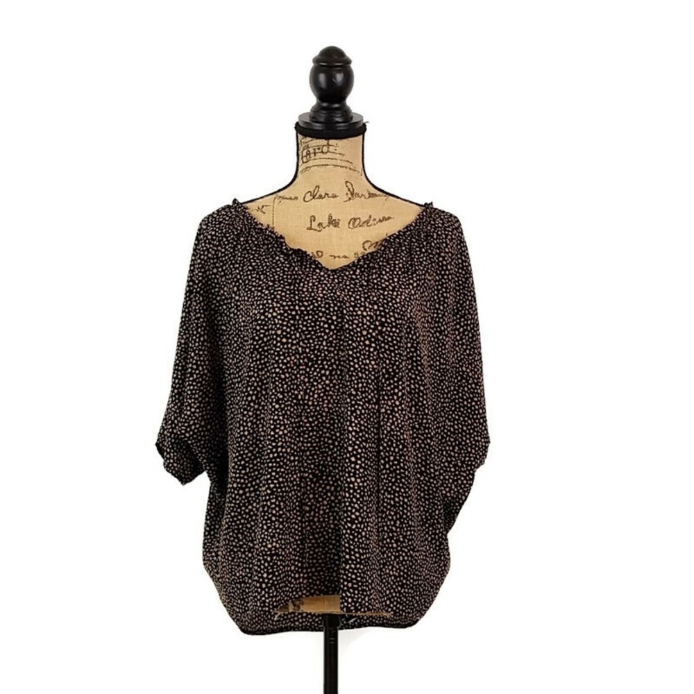 LOFT Blouse Womens Medium Black Tan Animal Print Ruffle V-Neck Batwing Sleeve